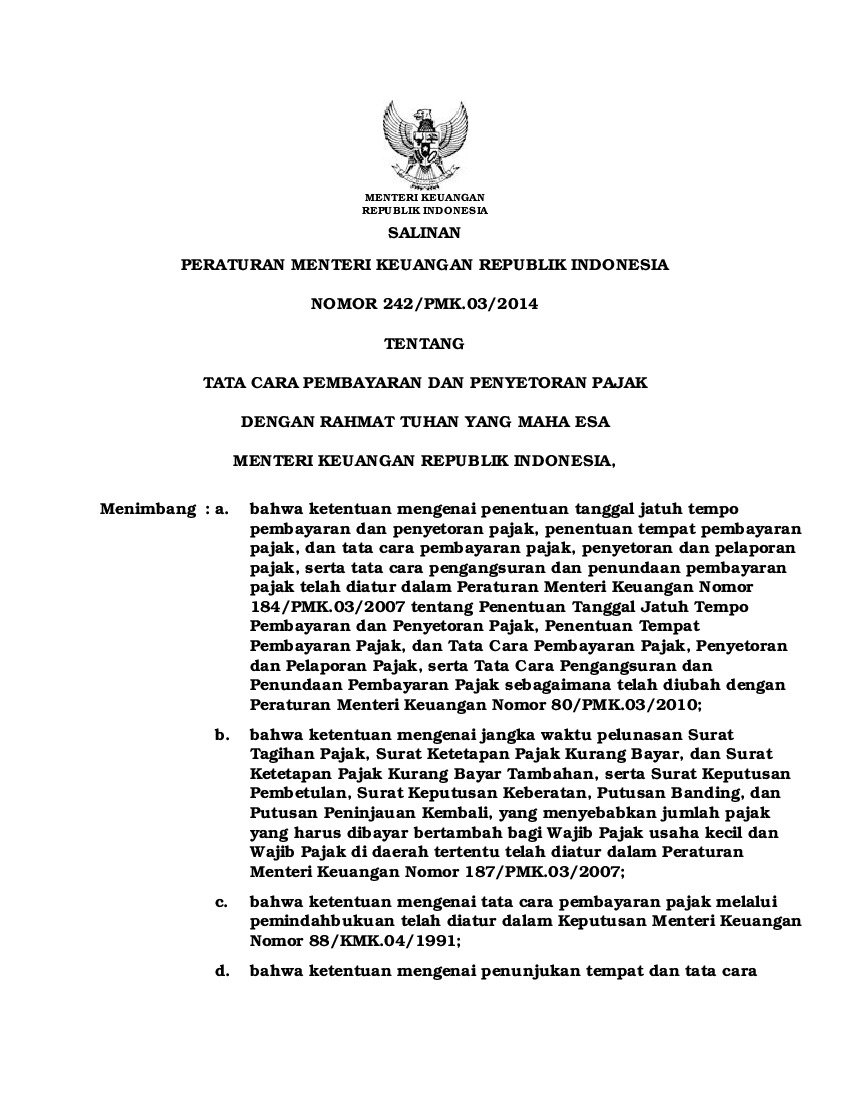 Peraturan Menteri Keuangan No 242/PMK.03/2014 tahun 2014 tentang Tata Cara Pembayaran Dan Penyetoran Pajak