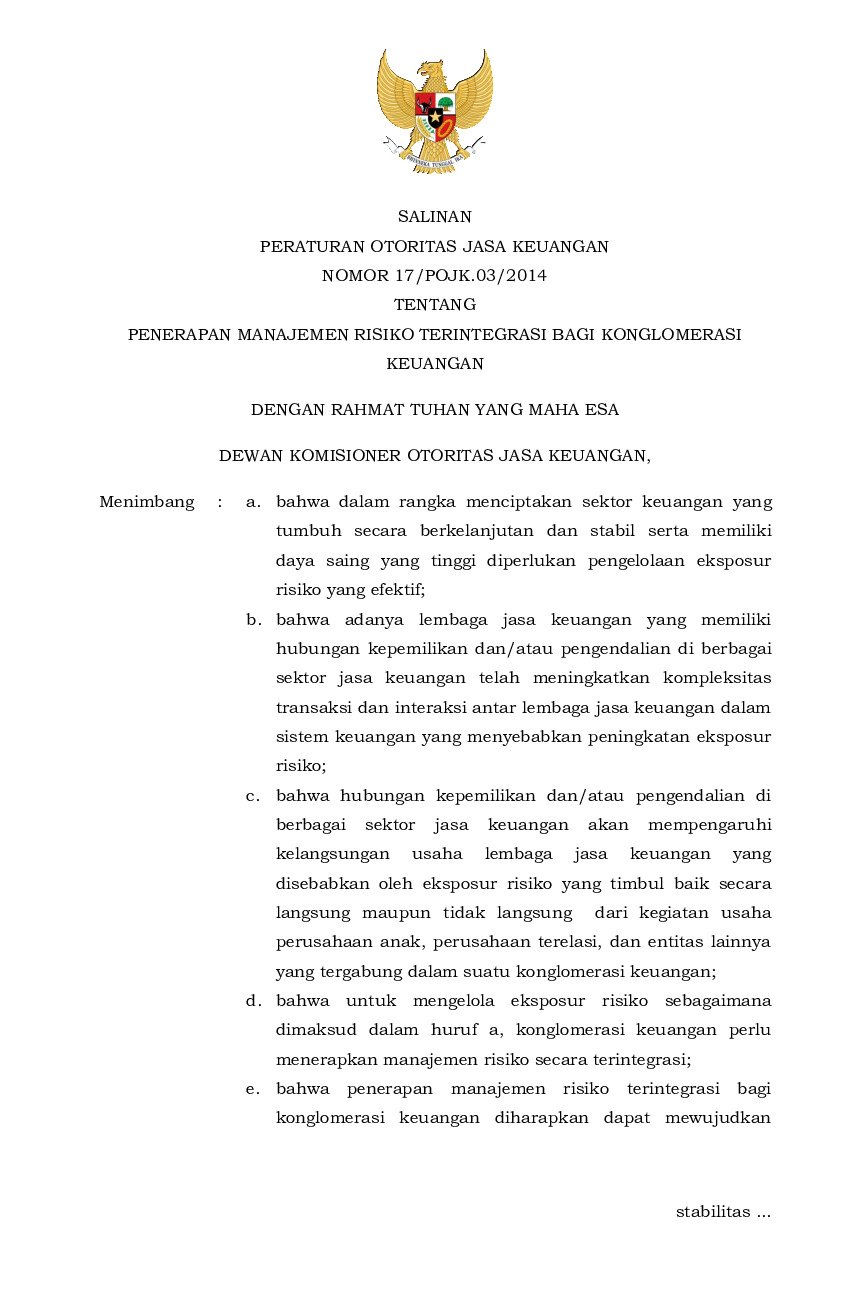 Peraturan Otoritas Jasa Keuangan (OJK) No 17/POJK.03/2014 tahun 2014 tentang Penerapan Manajemen Risiko Terintegrasi bagi Konglomerasi Keuangan