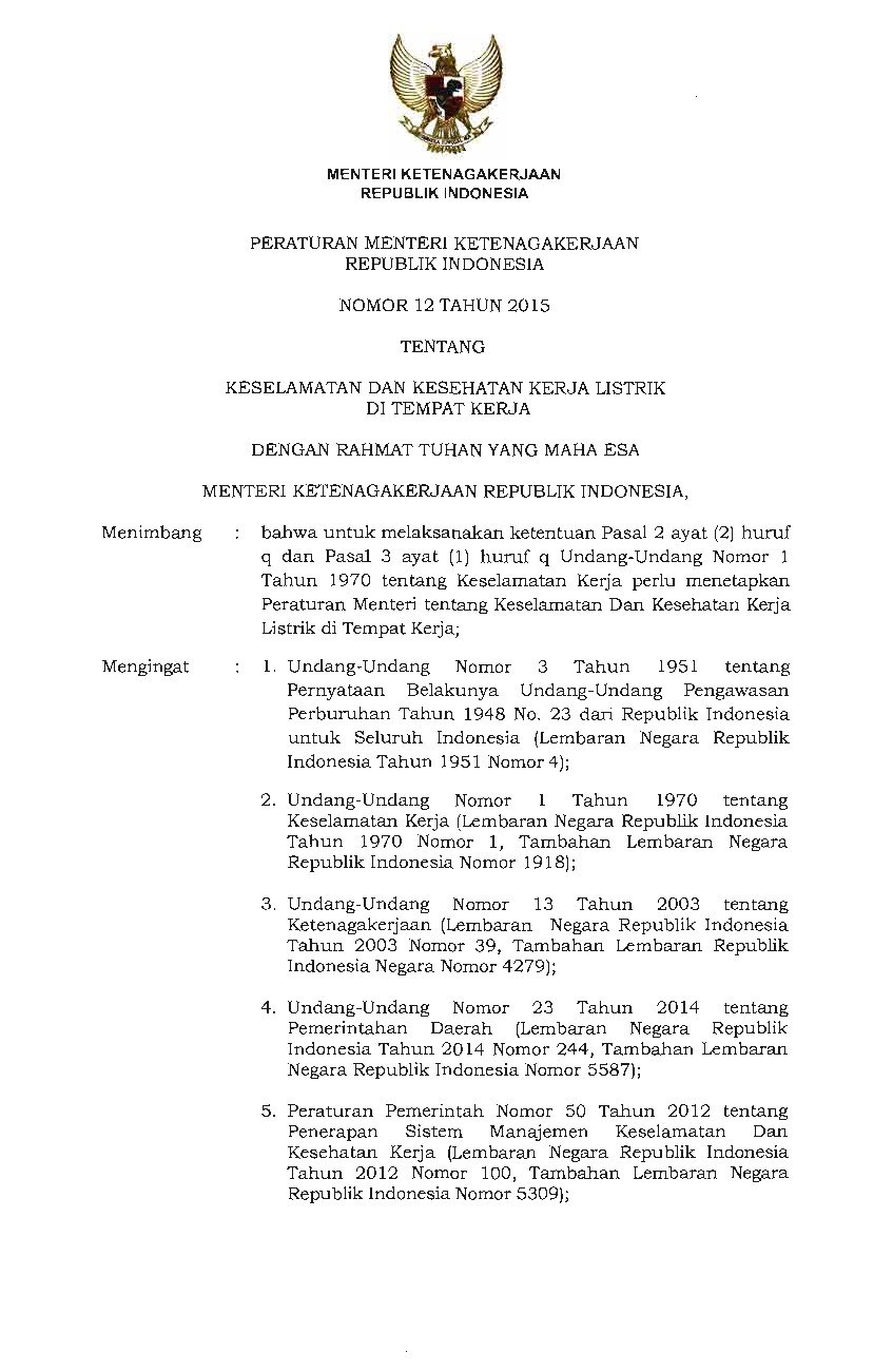 Peraturan Menteri Ketenagakerjaan No 12 tahun 2015 tentang Keselamatan Dan Kesehatan Kerja Listrik Di Tempat Kerja