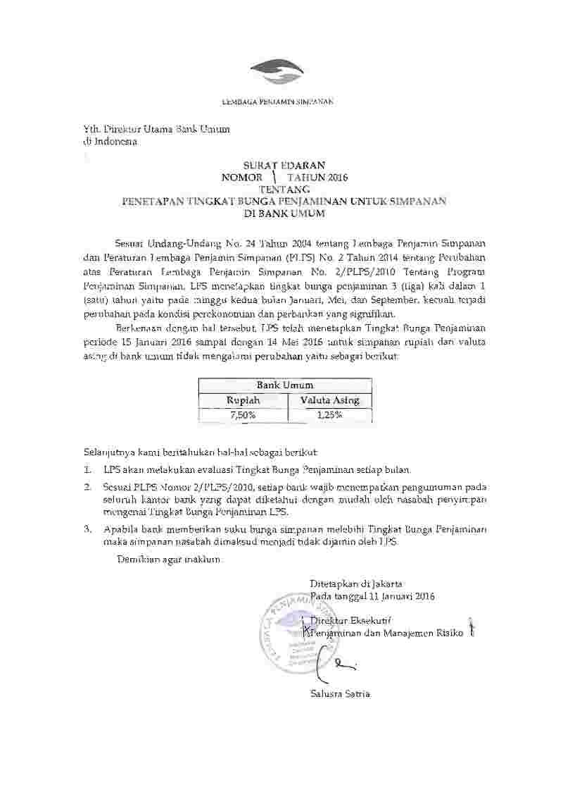 Surat Edaran Lembaga Penjamin Simpanan (LPS) No 1 tahun 2016 tentang Penetapan Tingkat Bunga Penjaminan untuk Simpanan di Bank Umum