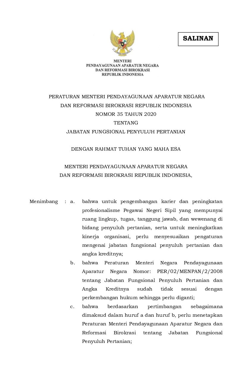 Peraturan Menteri Negara Pendayagunaan Aparatur Negara dan Reformasi Birokrasi No 35 tahun 2020 tentang Jabatan Fungsional Penyuluh Pertanian