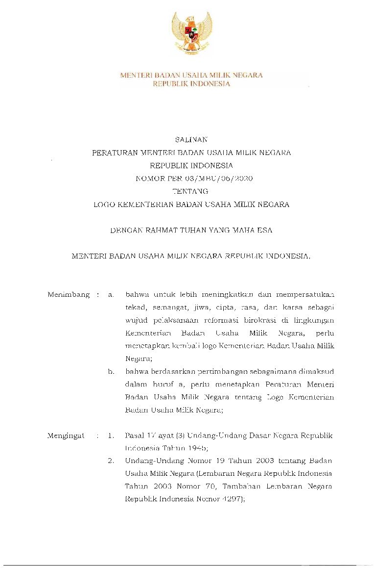Peraturan Menteri Badan Usaha Milik Negara Bumn No Per 03 Mbu 06 2020