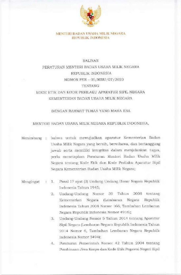 Peraturan Menteri Badan Usaha Milik Negara Bumn No Per 06 Mbu 07 2020