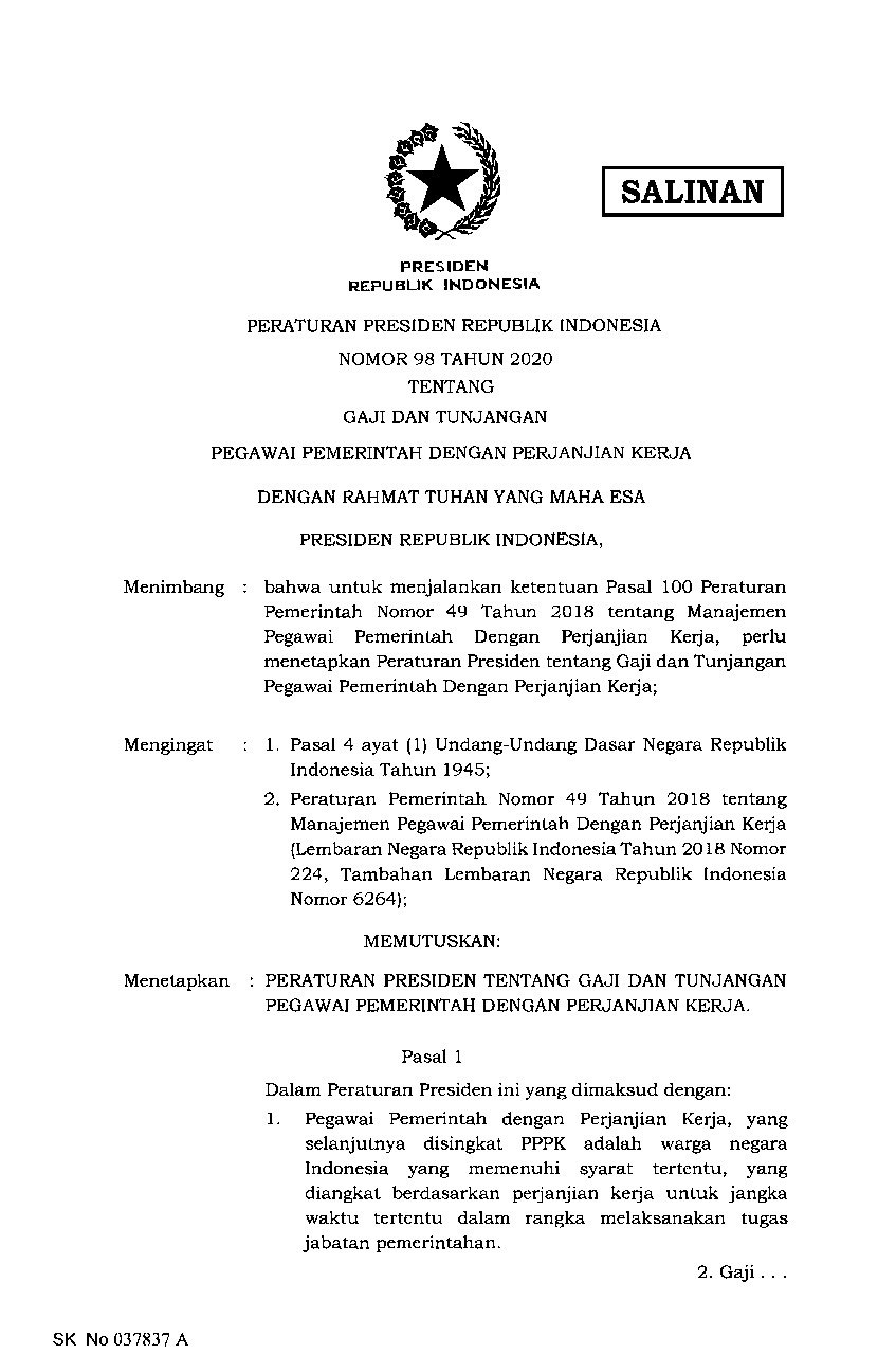Peraturan Presiden No 98 tahun 2020 tentang Gaji dan Tunjangan Pegawai Pemerintah Dengan Perjanjian Kerja