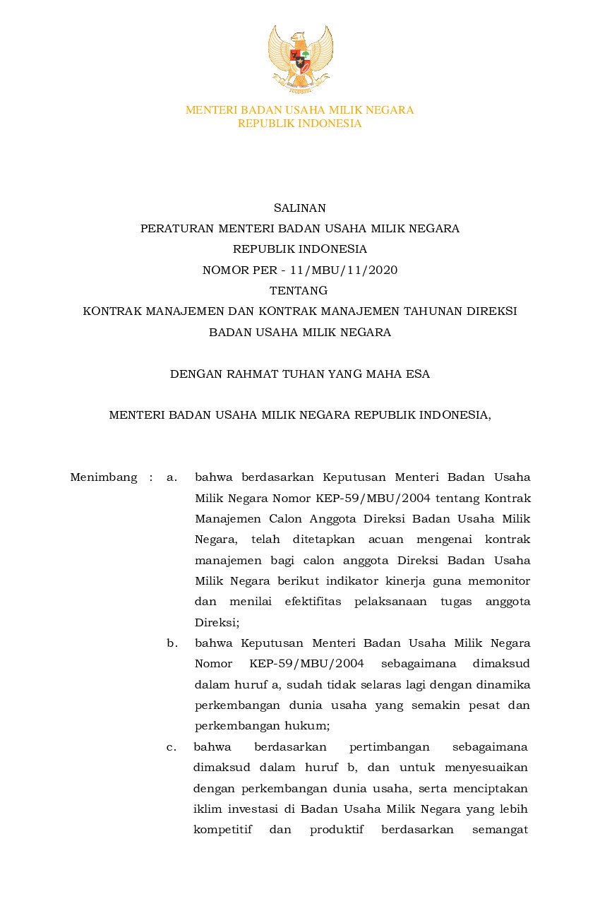 Peraturan Menteri Badan Usaha Milik Negara Bumn No Per 11 Mbu 11 2020
