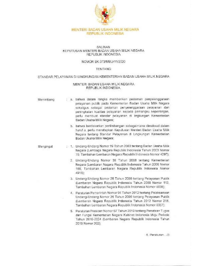 Keputusan Menteri Badan Usaha Milik Negara Bumn No Sk 373 Mbu 11 2020