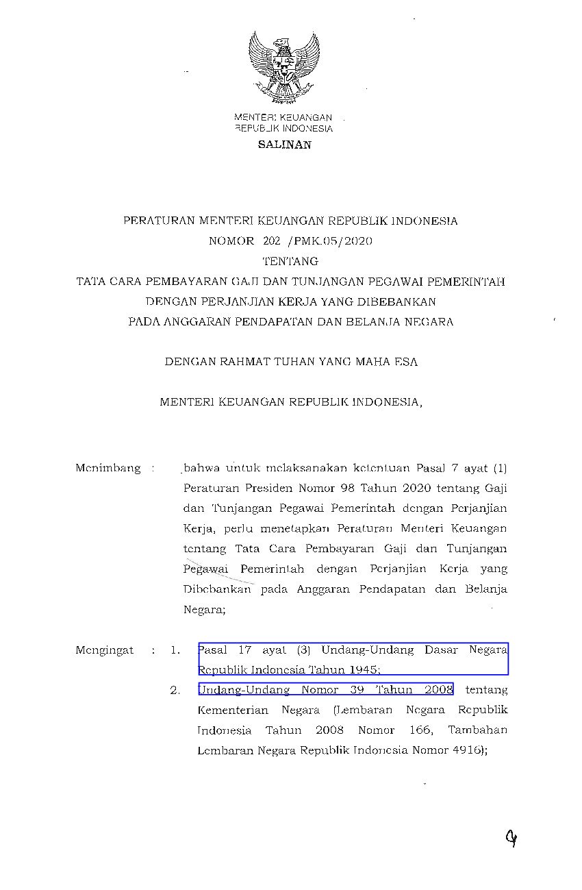 Peraturan Menteri Keuangan No 202/PMK.05/2020 tahun 2020 tentang Tata Cara Pembayaran Gaji dan Tunjangan Pegawai Pemerintah dengan Perjanjian Kerja yang Dibebankan pada Anggaran Pendapatan dan Belanja Negara