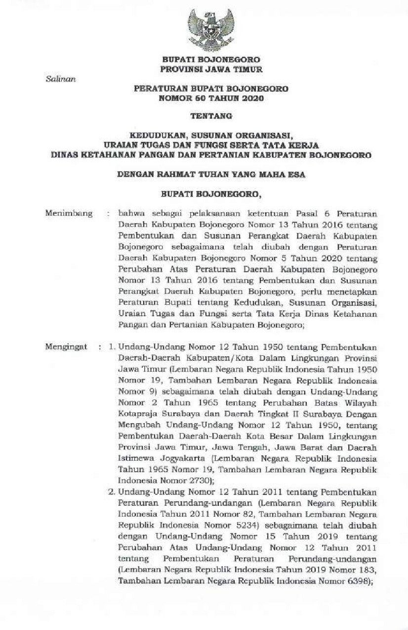 Peraturan Bupati Bojonegoro No 60 tahun 2020 tentang Kedudukan, Susunan Organisasi, Uraian Tugas dan Fungsi Serta Tata Kerja Dinas Ketahanan Pangan dan Pertanian Kabupaten Bojonegoro