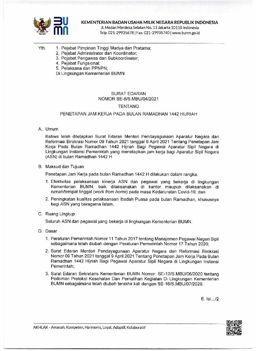 Surat Edaran Menteri Badan Usaha Milik Negara (BUMN) No SE-8/S.MBU/04/2021 tahun 2021 tentang Penetapan Jam Kerja pada Bulan Ramadhan 1442 Hijriah
