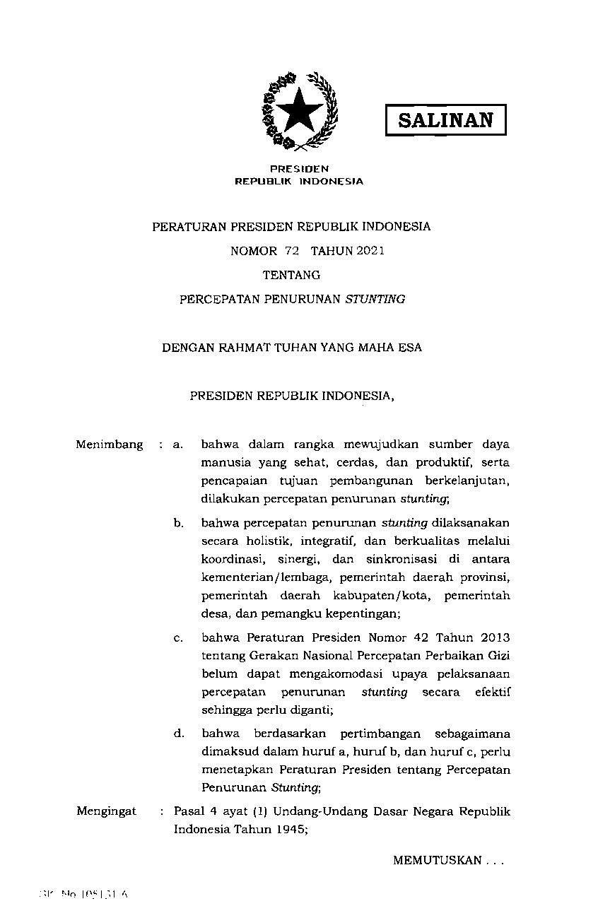 Peraturan Presiden No 72 tahun 2021 tentang Percepatan Penurunan Stunting