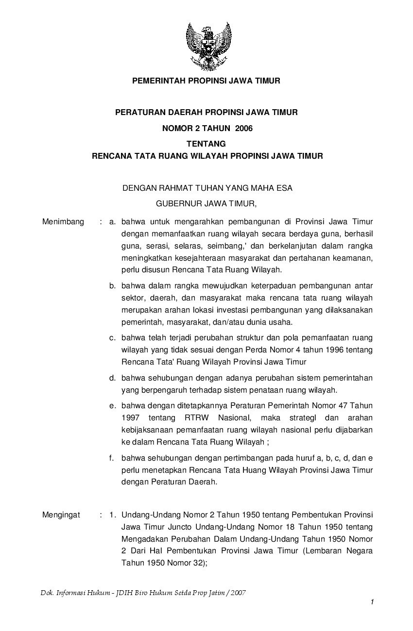 Peraturan Daerah Provinsi Jawa Timur No 2 tahun 2006 tentang Rencana Tata Ruang Wilayah Propinsi Jawa Timur