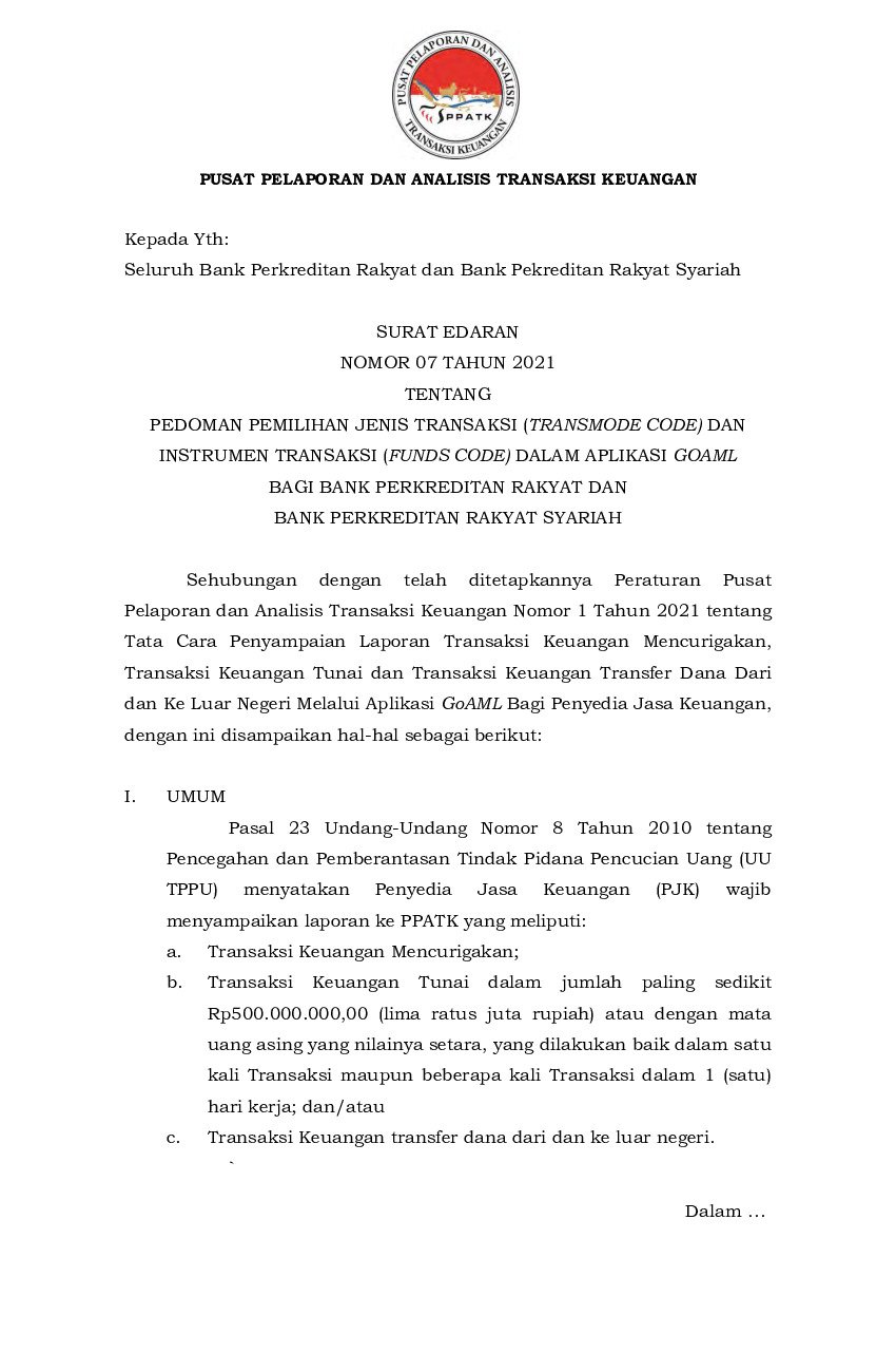 Surat Edaran Kepala Pusat Pelaporan dan Analisis Transaksi Keuangan ...