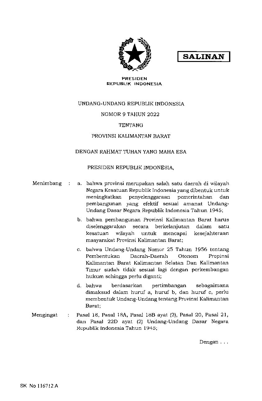 Undang-Undang No 9 tahun 2022 tentang Provinsi Kalimantan Barat