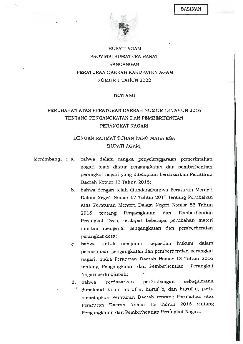 Peraturan Daerah Kab. Agam No 1 tahun 2022 tentang Perubahan atas