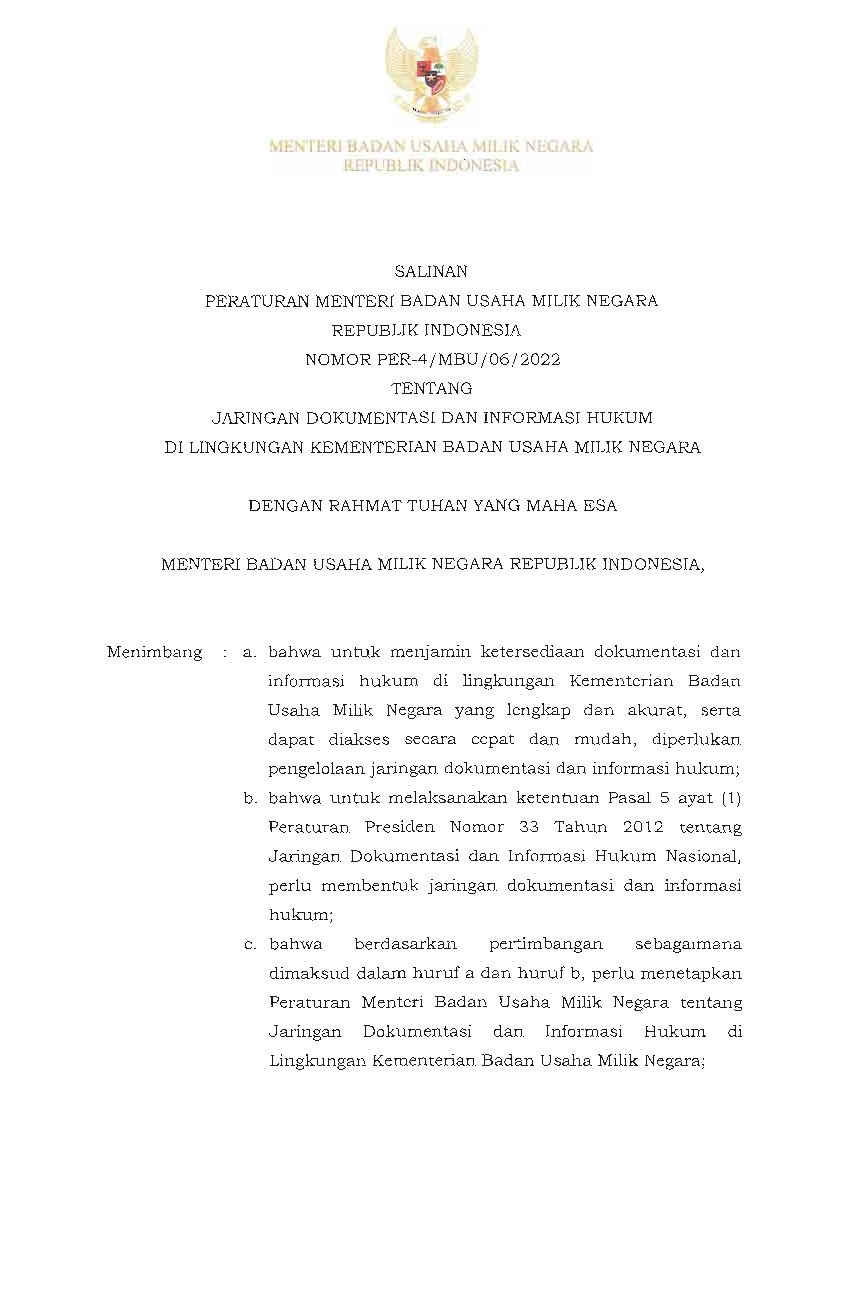 Peraturan Menteri Badan Usaha Milik Negara Bumn No Per 4 Mbu 06 2022