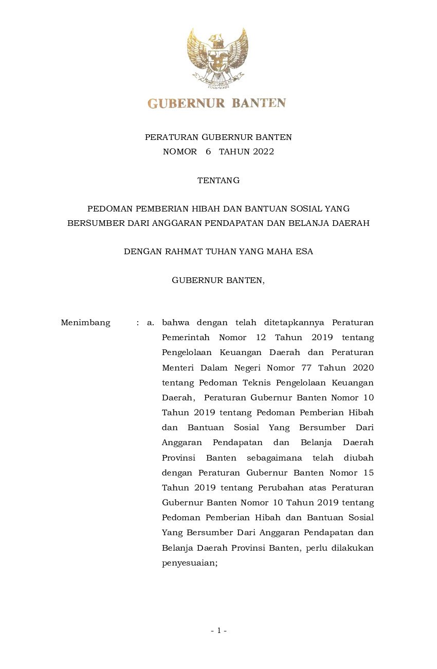 Peraturan Gubernur Banten No 6 tahun 2022 tentang Pedoman Pemberian