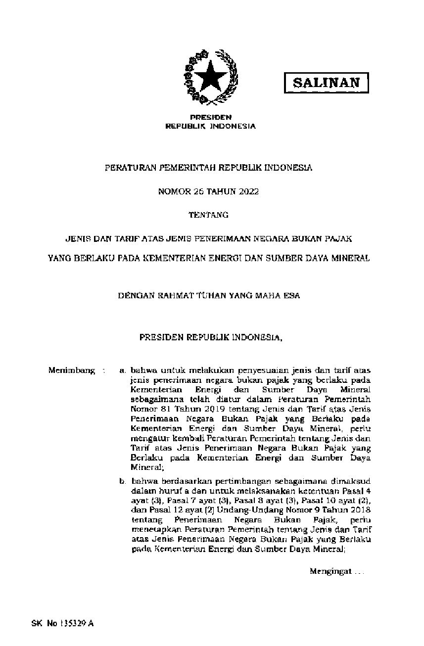 Peraturan Pemerintah No 26 tahun 2022 tentang Jenis dan Tarif atas Jenis Penerimaan Negara bukan Pajak yang Berlaku pada Kementerian Energi dan Sumber Daya Mineral