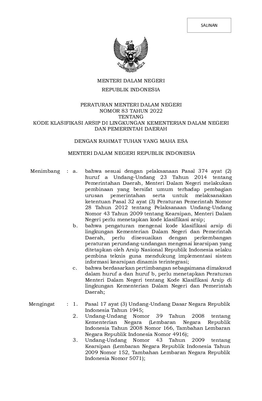 Peraturan Menteri Dalam Negeri No 83 tahun 2022 tentang Kode ...