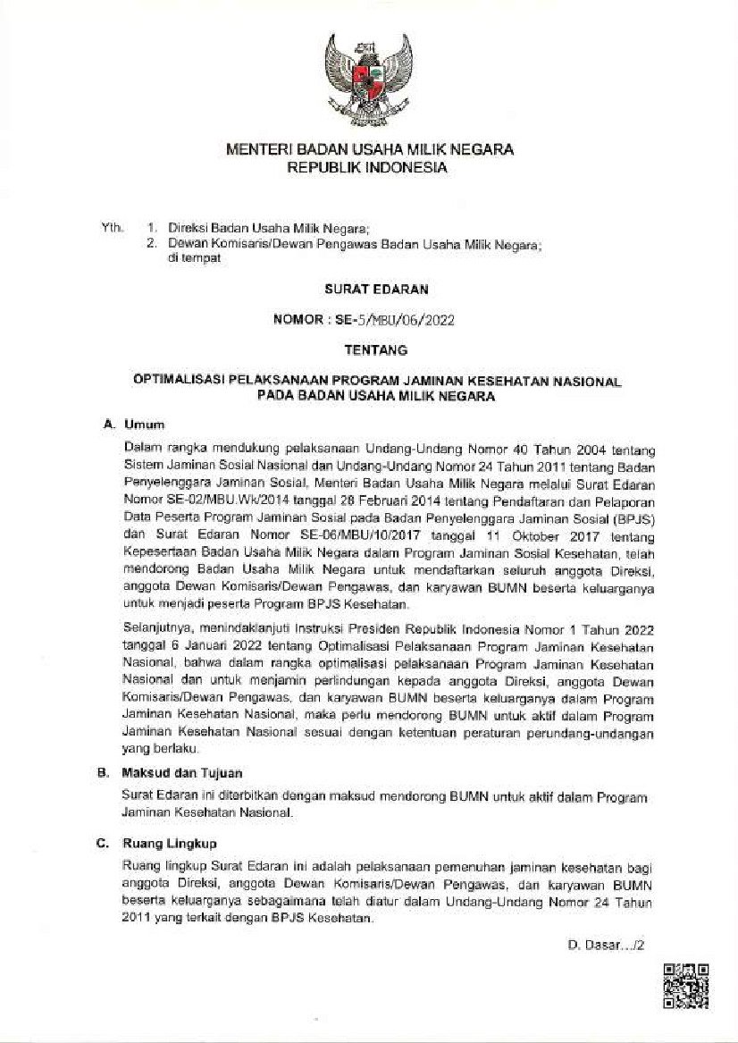 Surat Edaran Menteri Badan Usaha Milik Negara Bumn No Se 5 Mbu 06