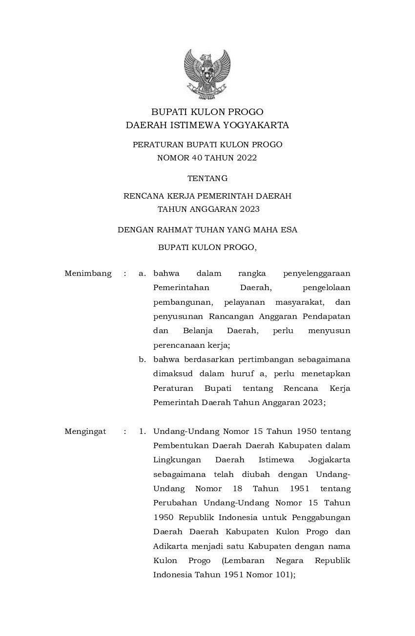 Peraturan Bupati Kulon Progo No 40 Tahun 2022 Tentang Rencana Kerja