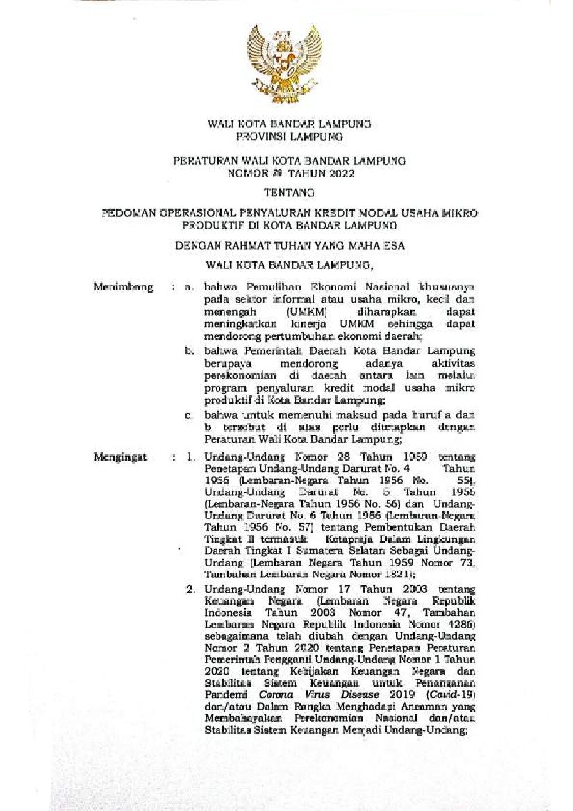 Peraturan walikota bandar lampung no 28 tahun 2022 tentang pedoman