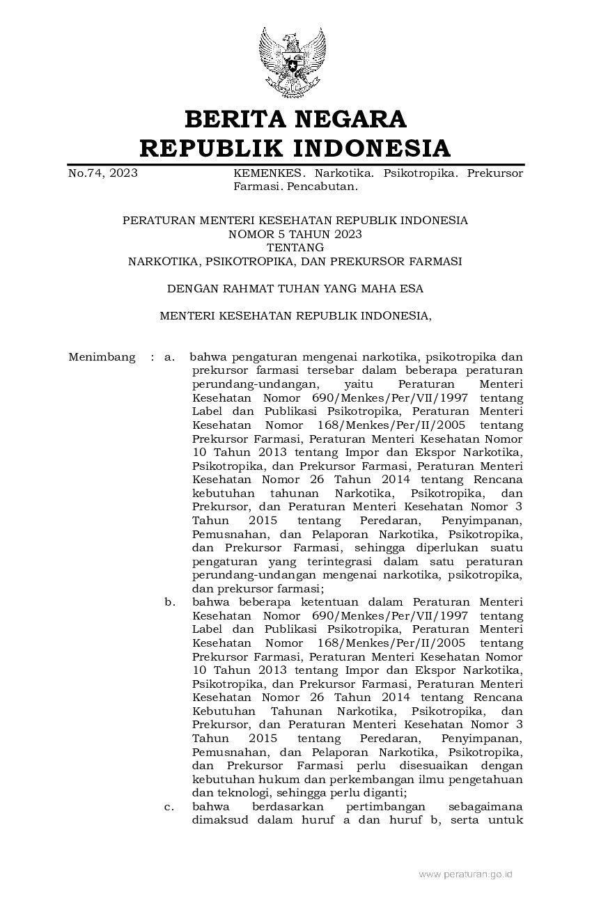 Peraturan Menteri Kesehatan No 5 tahun 2023 tentang Narkotika, Psikotropika, dan Prekursor Farmasi