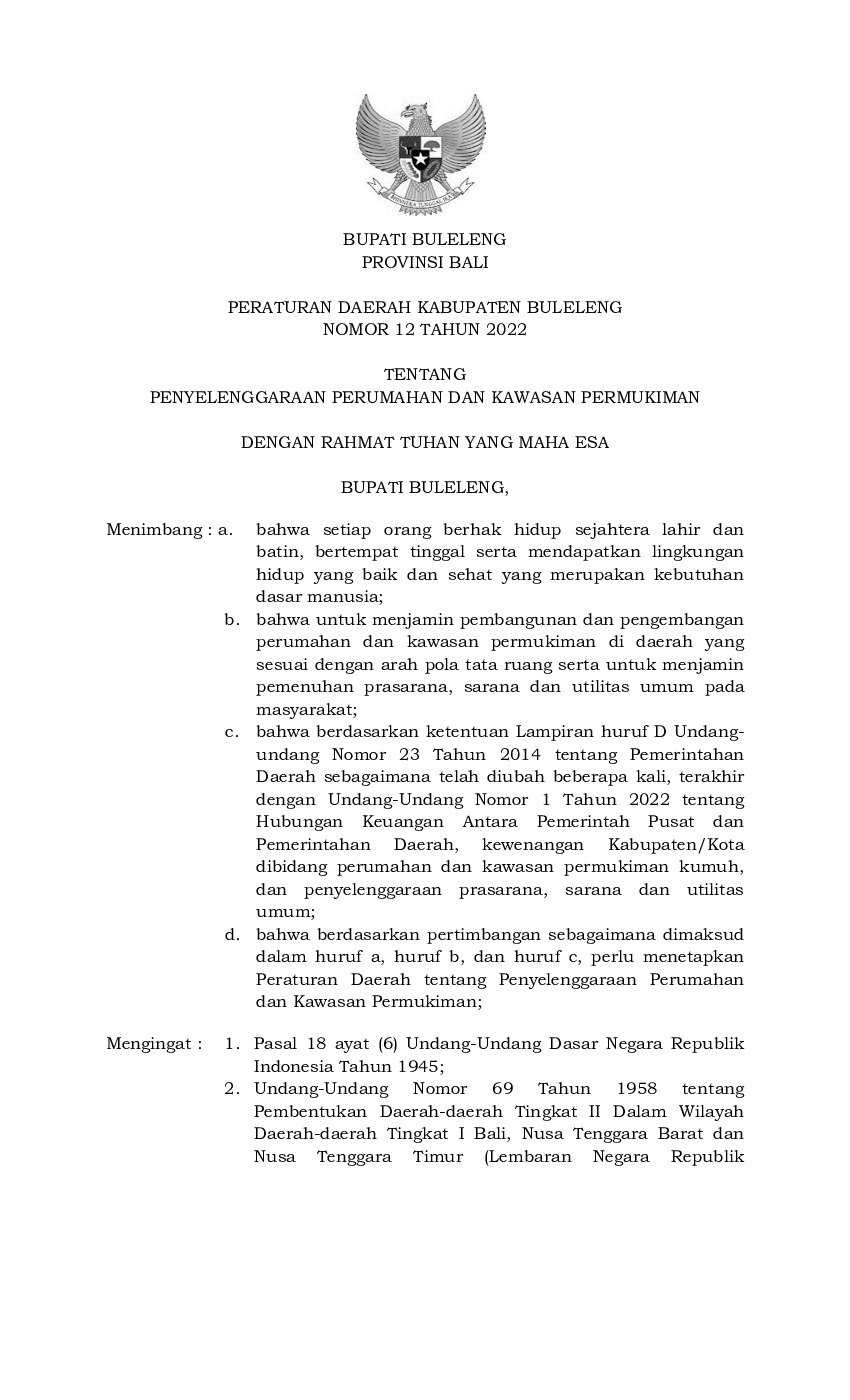 Peraturan Daerah Kabupaten Buleleng No 12 tahun 2022 tentang Penyelenggaraan Perumahan dan Kawasan Permukiman