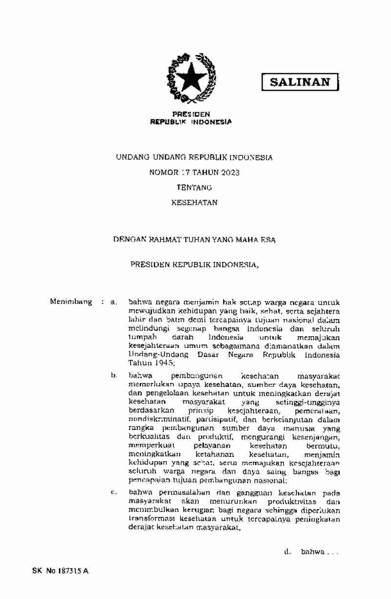Undang Undang No 17 tahun 2023 tentang Kesehatan