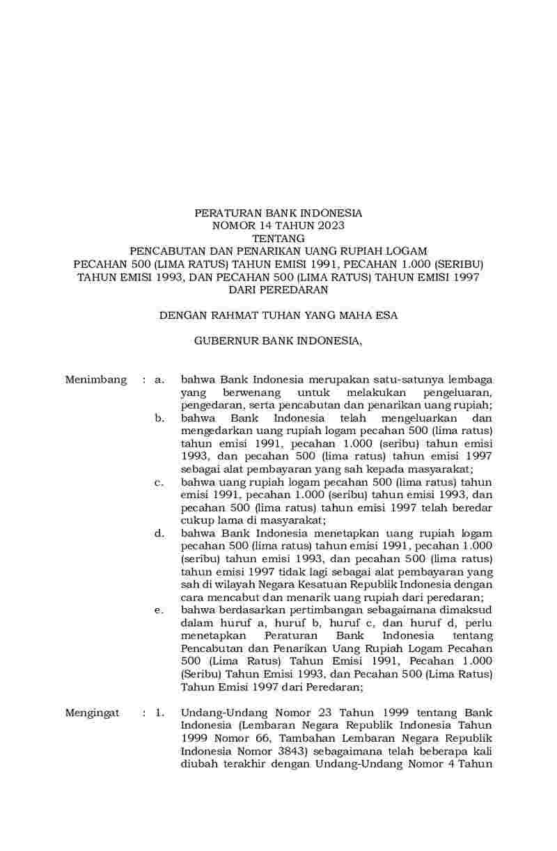 Peraturan Bank Indonesia (BI) No 14 tahun 2023 tentang Pencabutan dan ...
