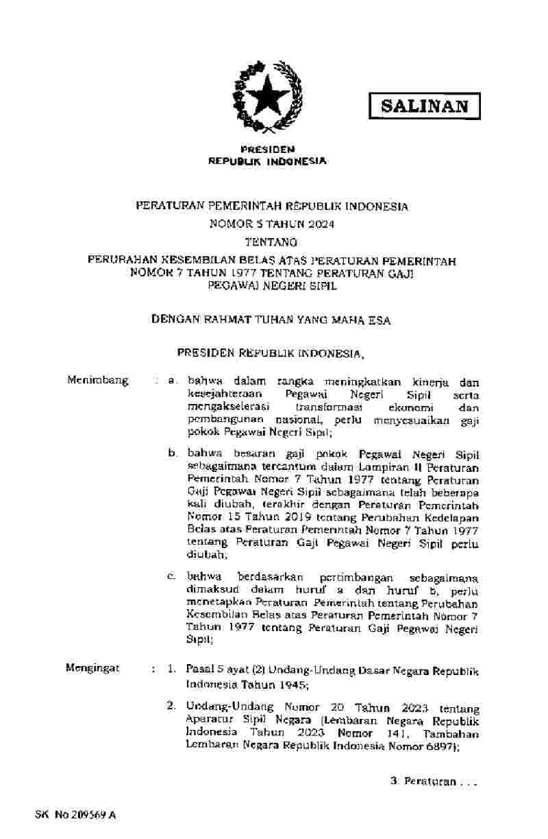 Peraturan Pemerintah No 5 tahun 2024 tentang Perubahan Kesembilan Belas atas Peraturan Pemerintah Nomor 7 Tahun 1977 tentang Peraturan Gaji Pegawai Negeri Sipil