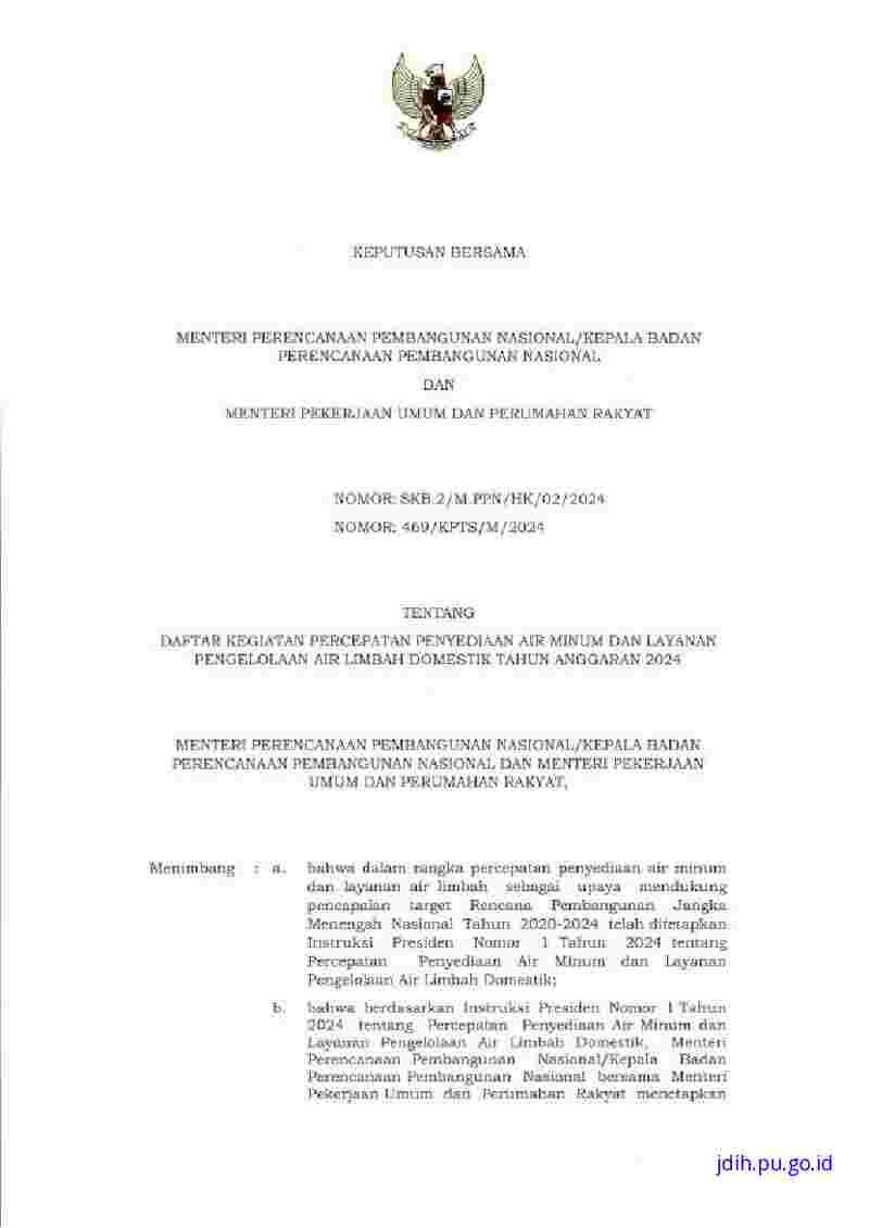 Keputusan Menteri Pekerjaan Umum dan Perumahan Rakyat No 469/KPTS/M/2024 tahun 2024 tentang Daftar Kegiatan Percepatan Penyediaan Air Minum dan Layanan Pengelolaan Air Limbah Domestik Tahun Anggaran 2024
