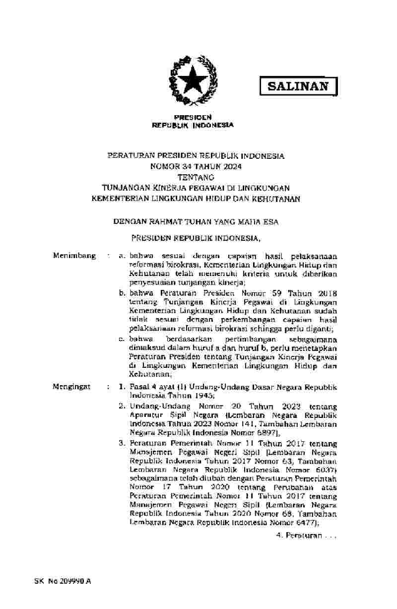 Peraturan Presiden No 34 tahun 2024 tentang Tunjangan Kinerja Pegawai di Lingkungan Kementerian Lingkungan Hidup dan Kehutanan