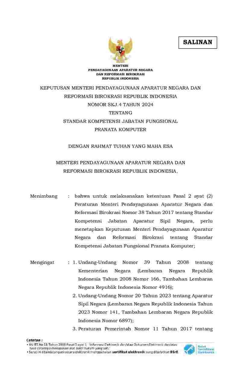 Keputusan Menteri Negara Pendayagunaan Aparatur Negara dan Reformasi Birokrasi No SKJ.4 tahun 2024 tentang Standar Kompetensi Jabatan Fungsional Pranata Komputer