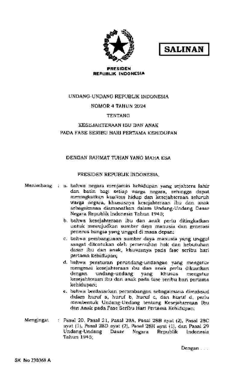 Undang Undang No 4 tahun 2024 tentang Kesejahteraan Ibu dan Anak pada Fase Seribu Hari Pertama Kehidupan