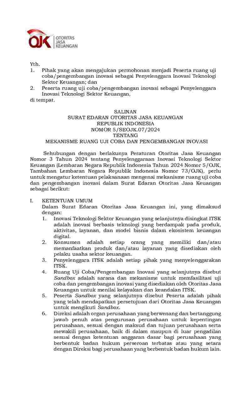 Surat Edaran Otoritas Jasa Keuangan (OJK) No 5/SEOJK.07/2024 tahun 2024 tentang Mekanisme Ruang Uji Coba dan Pengembangan Inovasi
