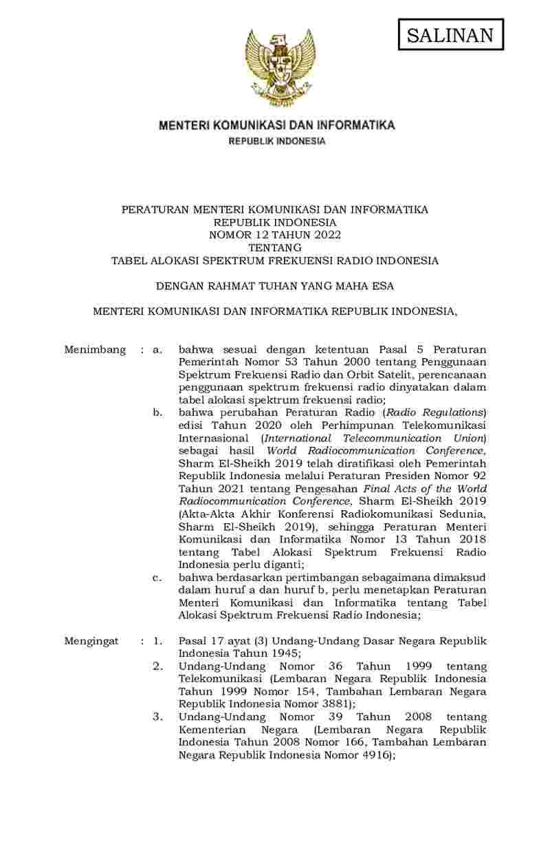 Peraturan Menteri Komunikasi dan Informatika (Kominfo) No 12 tahun 2022 tentang Tabel Alokasi Spektrum Frekuensi Radio Indonesia