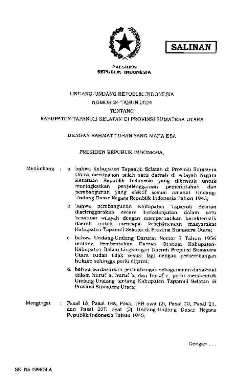 Undang Undang No 24 Tahun 2024 Tentang Kabupaten Tapanuli Selatan Di