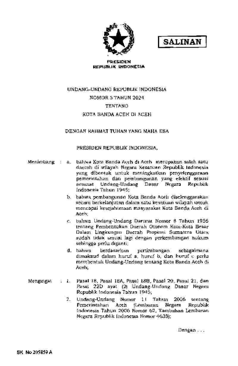 Undang Undang No 5 tahun 2024 tentang Kota Banda Aceh di Aceh