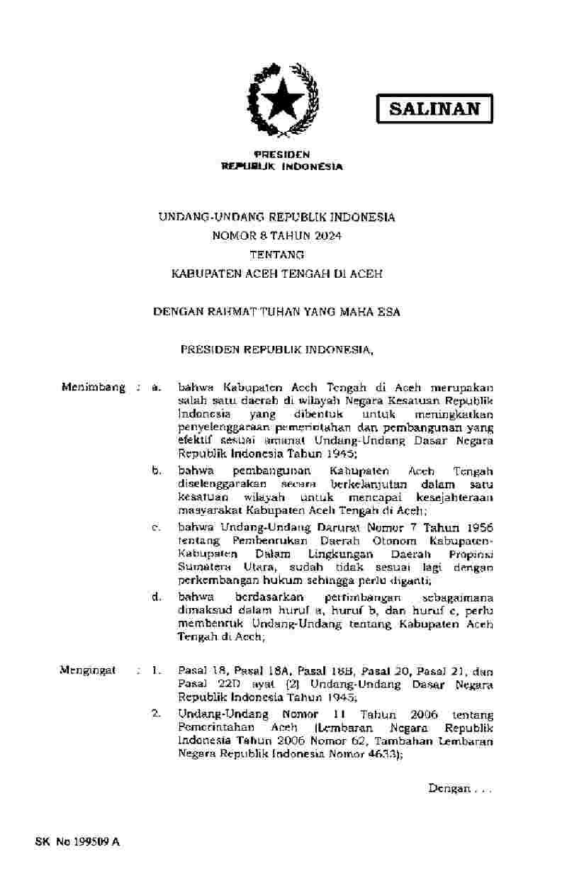 Undang Undang No 8 tahun 2024 tentang Kabupaten Aceh Tengah di Aceh