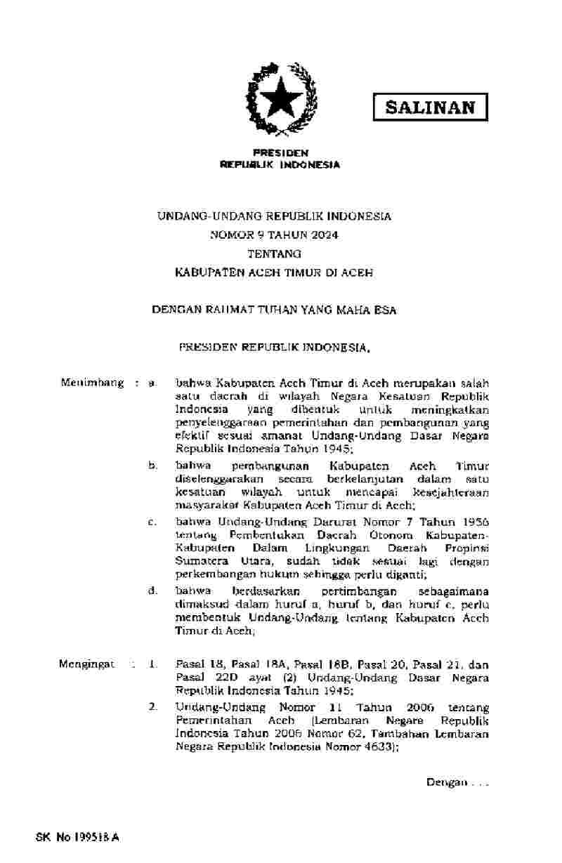 Undang Undang No 9 tahun 2024 tentang Kabupaten Aceh Timur di Aceh