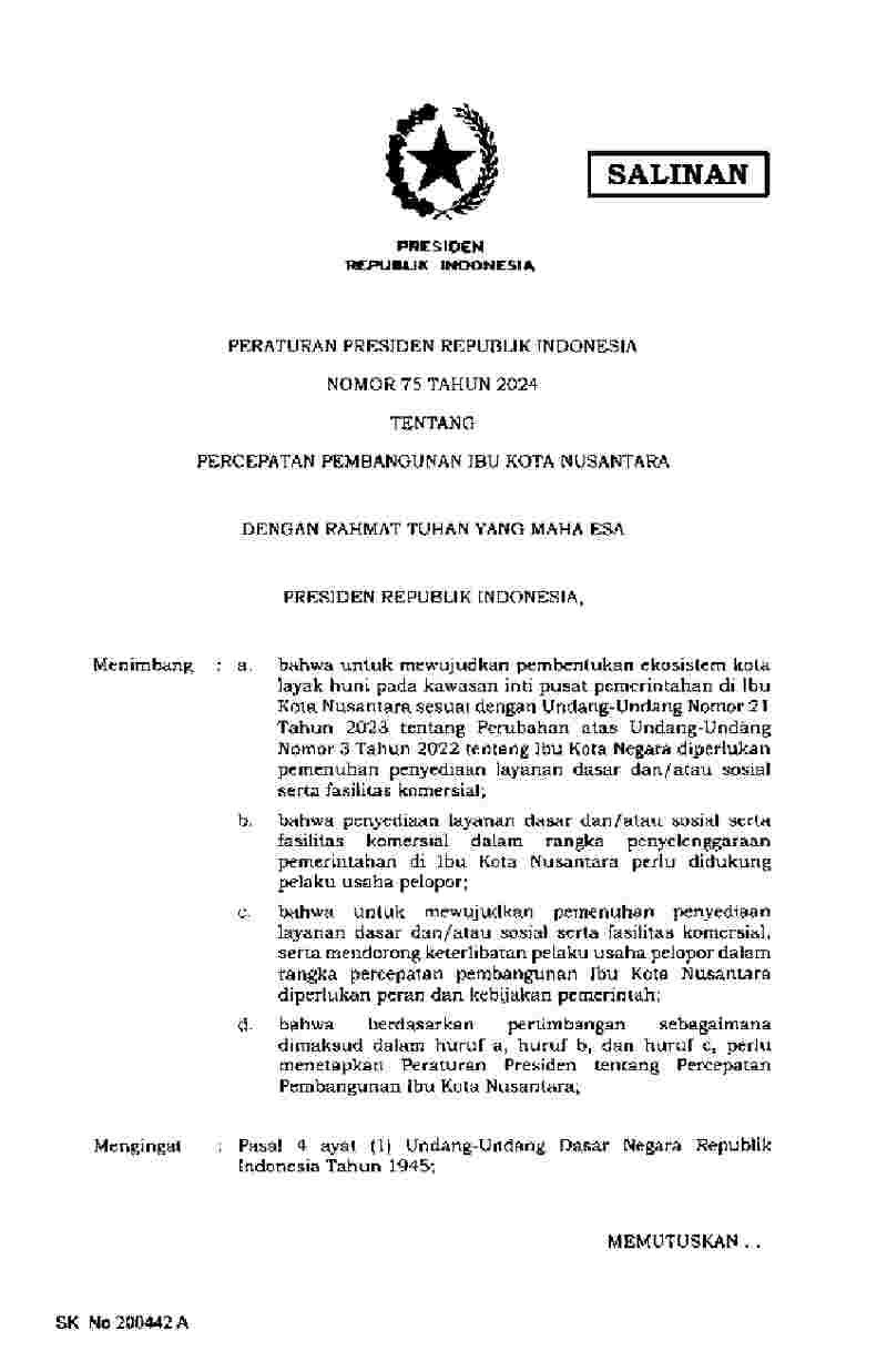 Peraturan Presiden No 75 tahun 2024 tentang Percepatan Pembangunan Ibu kota Nusantara