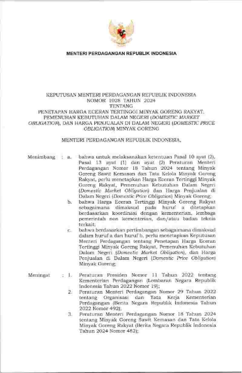 Keputusan Menteri Perdagangan No 1028 tahun 2024 tentang Penetapan Harga Eceran Tertinggi Minyak Goreng Rakyat, Pemenuhan Kebutuhan Dalam Negeri (Domestic Market Obligation), dan Harga Penjualan di dalam Negeri (Domestic Price Obligation) Minyak Goreng