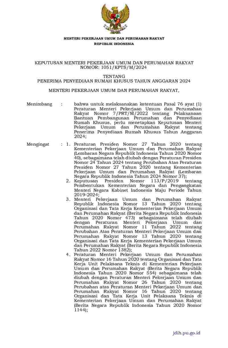 Keputusan Menteri Pekerjaan Umum dan Perumahan Rakyat No 1051/KPTS/M/2024 tahun 2024 tentang Penerima Penyedia Rumah Khusus Tahun Anggaran 2024