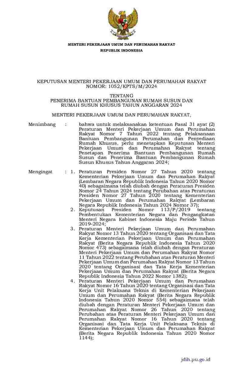 Keputusan Menteri Pekerjaan Umum dan Perumahan Rakyat No 1052/KPTS/M/2024 tahun 2024 tentang Penerima Bantuan Pembangunan Rumah Susun dan Rumah Susun Khusus Tahun Anggaran 2024