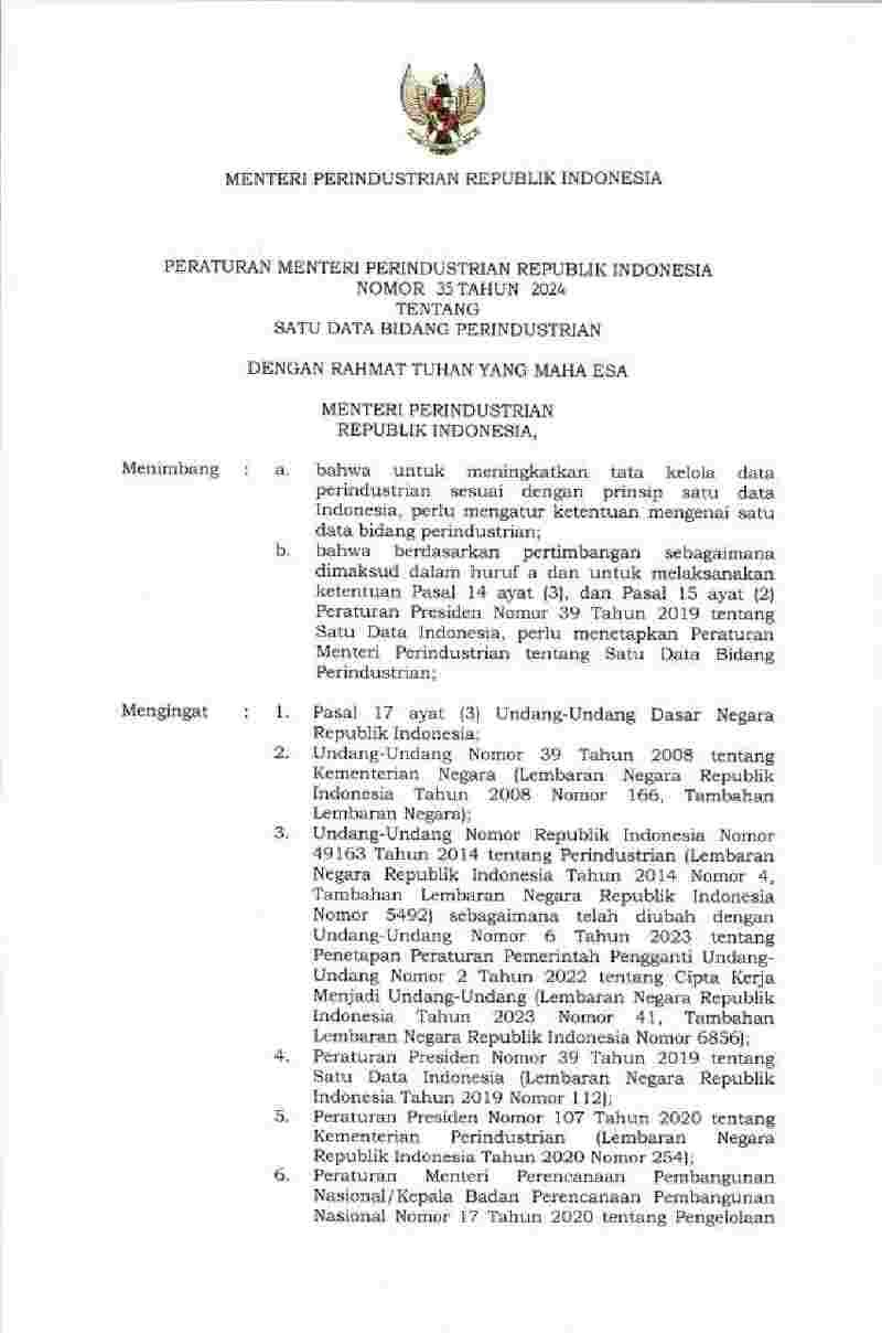 Peraturan Menteri Perindustrian No 35 tahun 2024 tentang Satu Data Bidang Perindustrian