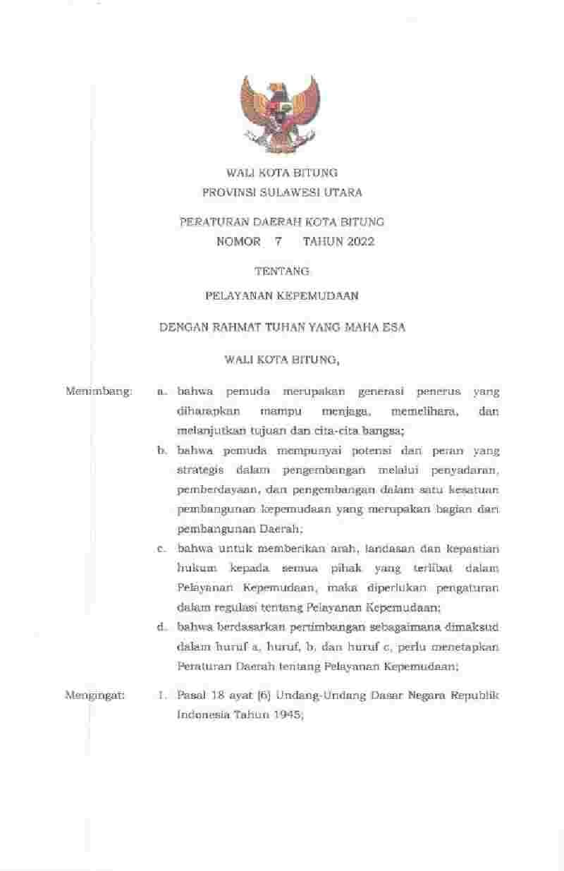 Peraturan Daerah Kota Bitung No 7 tahun 2022 tentang Pelayanan Kepemudaan