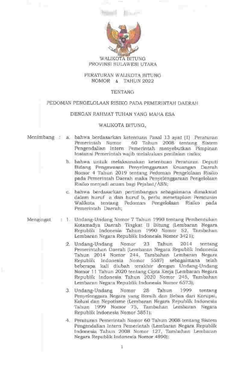 Peraturan Walikota Bitung No 4 tahun 2022 tentang Pedoman Pengelolaan Risiko pada Pemerintah Daerah