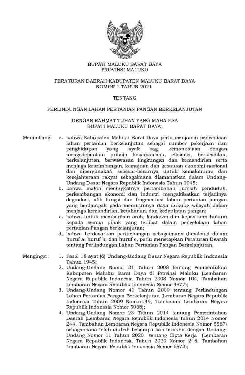 Peraturan Daerah Kabupaten Maluku Barat Daya No 1 tahun 2021 tentang Perlindungan Lahan Pertanian Pangan Berkelanjutan