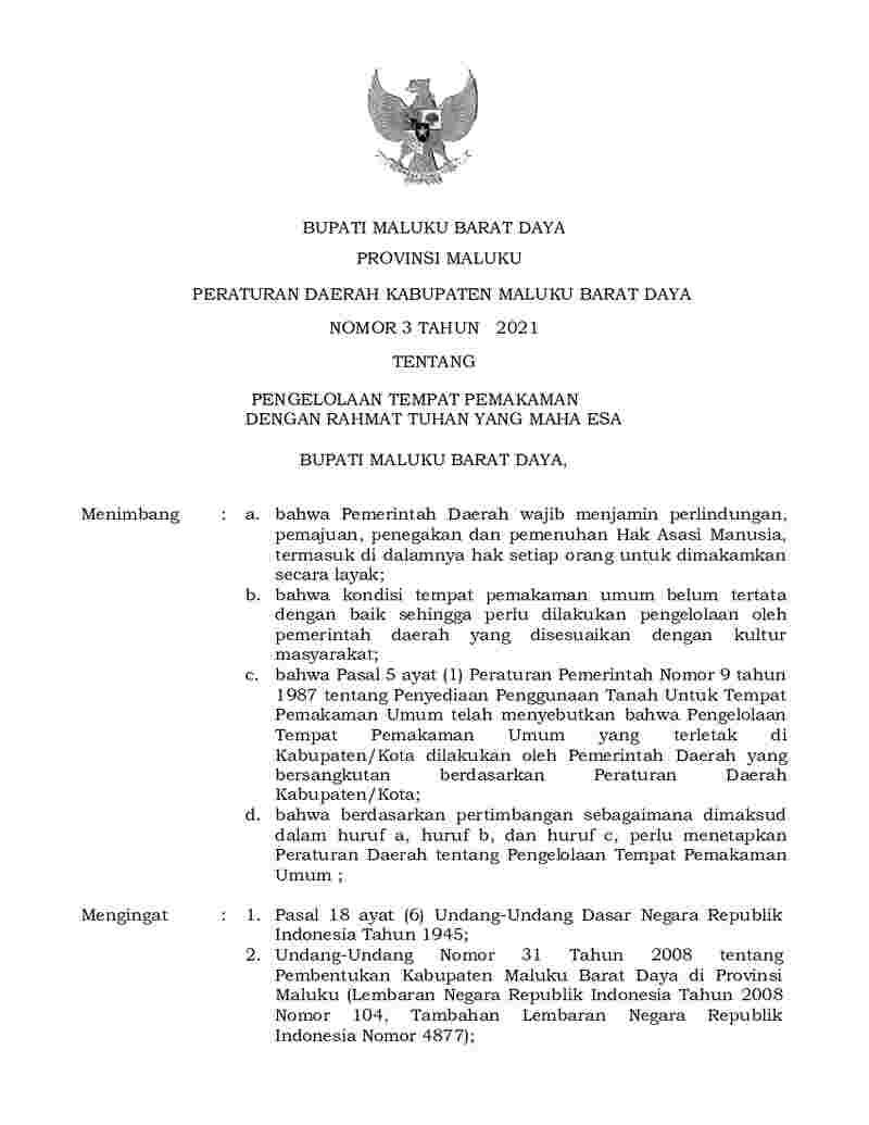 Peraturan Daerah Kabupaten Maluku Barat Daya No 3 tahun 2021 tentang Pengelolaan Tempat Pemakaman