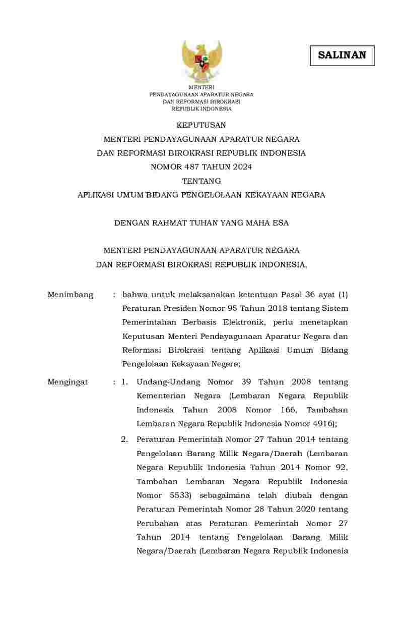 Keputusan Menteri Negara Pendayagunaan Aparatur Negara dan Reformasi Birokrasi No 487 tahun 2024 tentang Aplikasi Umum Bidang Pengelolaan Kekayaan Negara